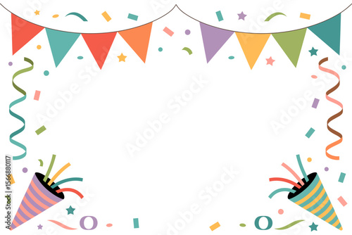 Colorful bunting and confetti frame, festive party border, celebration invitation, cheerful event design, playful illustration