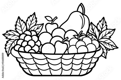 Detailed line art fruit basket with grapes apples and pear vector