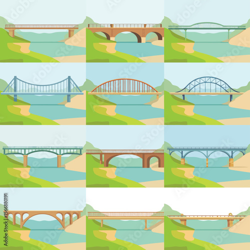 Collection of nine different bridge designs crossing a river with green banks
