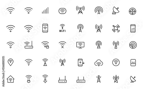 Adjustable line weight wireless cellular network icon set: vector illustration of telecom signal, Wi-Fi, antenna, transmission wave symbols, mobile connectivity, digital broadcast technology