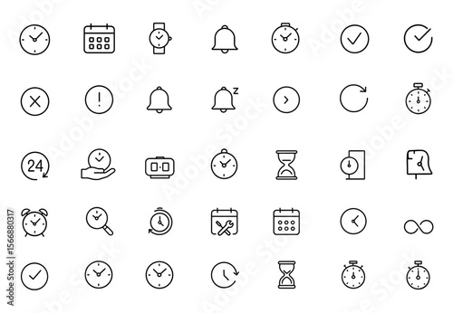 Adjustable Line Weight Time Icon Set: Clock, Calendar, Watch, Alarm & Timer Symbols for Digital, Analog, Smart & Wall Applications Including Hourglass, Stopwatch, Reminders & Event Controls