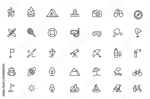 Adventure & Outdoor Sports Icon Set with Adjustable Line Weight — Hiking, Camping & Sailing Pictogram Vector Illustrations for Travel & Nature Recreation, perfect for travel adventure apps
