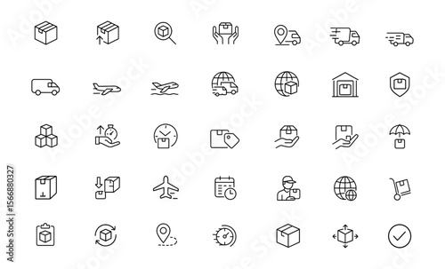 Cargo transport icon pack with adjustable line weight vector set: box, package, delivery, shipment, freight, globe, van, truck, plane, ship, parcel, courier, express symbol, delivery tracker