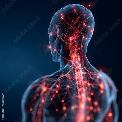 Human body with glowing red pain points on neural pathways illustrating pain or nerve stimulation,	