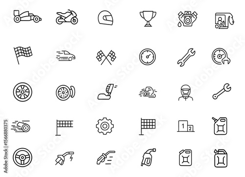 Racing Motorsports Icon Set | Vector Illustration | Adjustable Line Weight | Car, Motorcycle, Helmet, Trophy, Engine, Pit Stop, Fuel, Speed, Flag, Competition, Performance, Repair