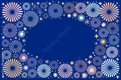 Blue firework frame background, festive celebration border, night sky party design, decorative event invitation, sparkling illustration