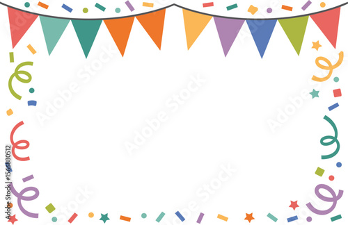 Bright bunting border, festive party frame, colorful celebration background, holiday event invitation, cheerful design