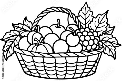 Wicker basket filled with apples grapes and leaves fruit basket