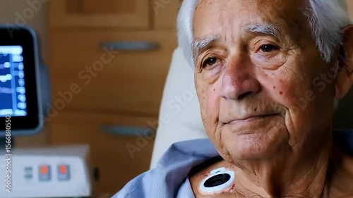 Relaxed Mexican elderly man recovering after shoulder procedure in hospital bed. 
