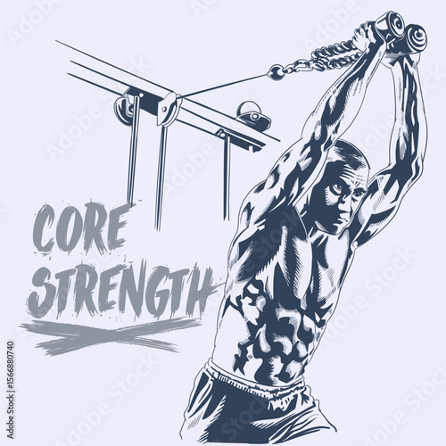 Strong man performing cable overhead triceps extension exercise with rope in gym vector drawing