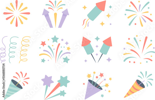 Party popper and confetti icon set, colorful celebration elements, festive event illustration, birthday party design, cheerful vector