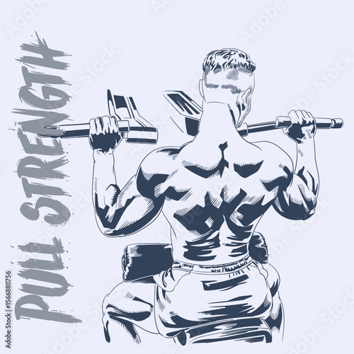Muscular man back workout doing lat pulldown exercise detailed hand drawn illustration