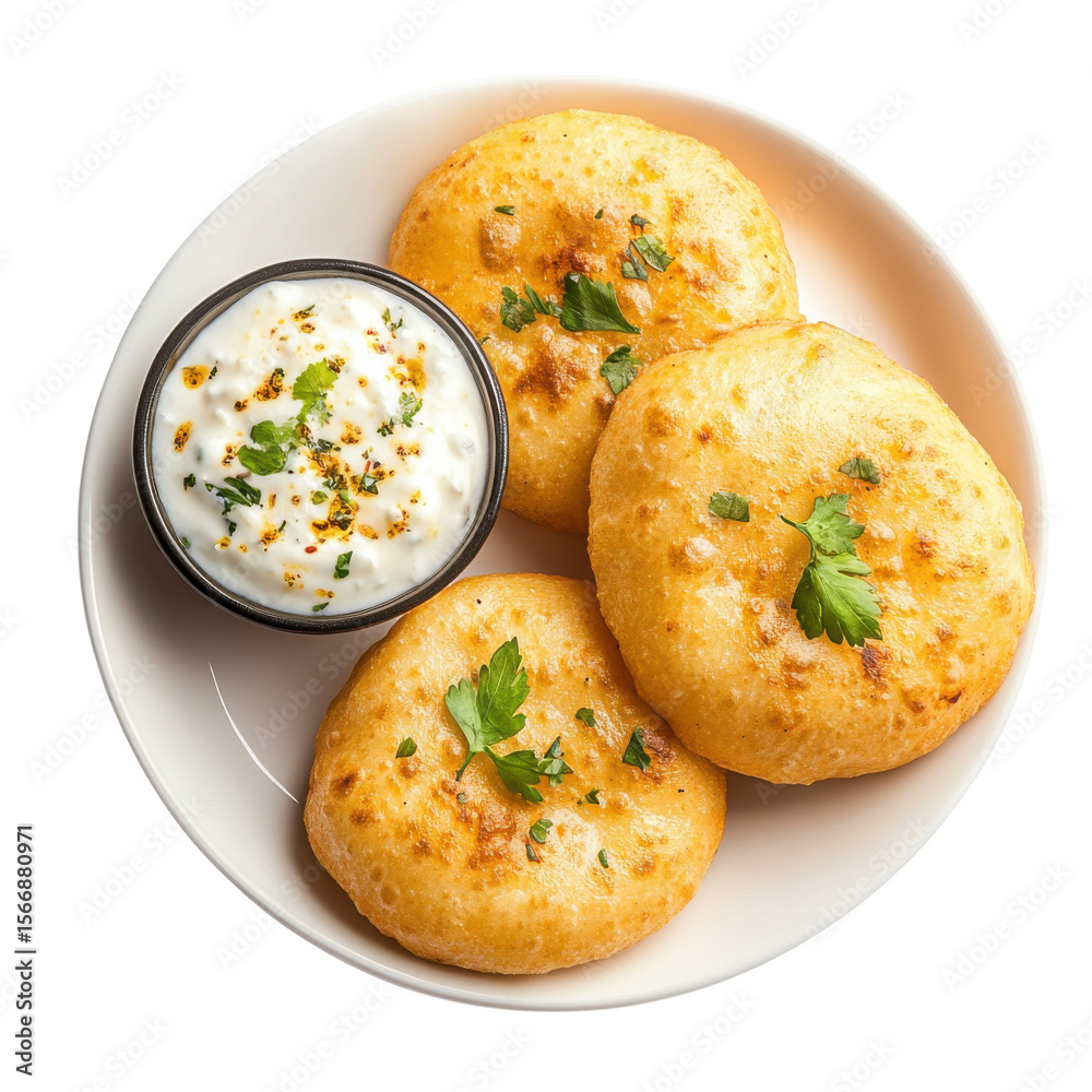 Fototapeta premium Delicious Indian Aloo Tikki Served with Mint Yogurt Dip on a White Plate on transparent background