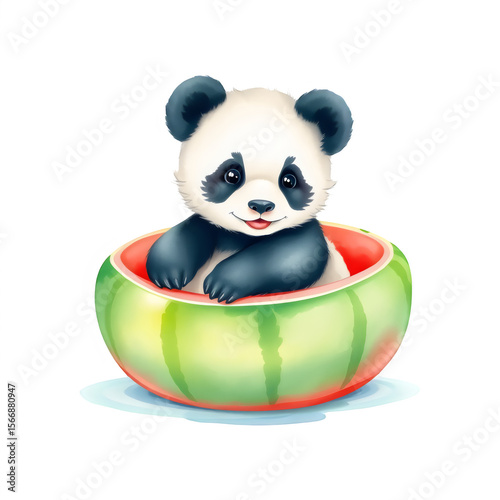 Playful baby panda in watermelon float.