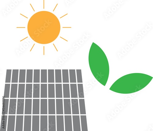 Eco energy icon with solar panel, sun, and green leaves
