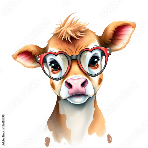Soft watercolor calf with heart sunglasses.