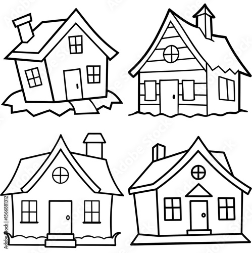 Tumbledown Old House Cartoon Coloring Page – Spooky Haunted Mansion Line Art Illustration
