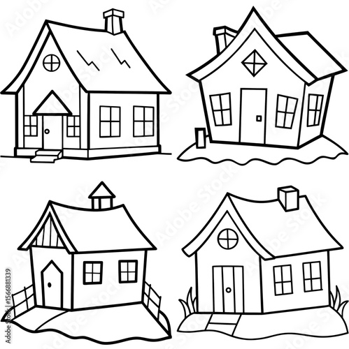 Tumbledown Old House Cartoon Coloring Page – Spooky Haunted Mansion Line Art Illustration