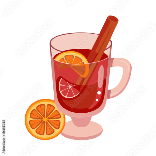 Vector icon of a cup of mulled wine with cinnamon stick and orange slice, symbolizing cozy autumn and winter drinks. Isolated on a transparent background