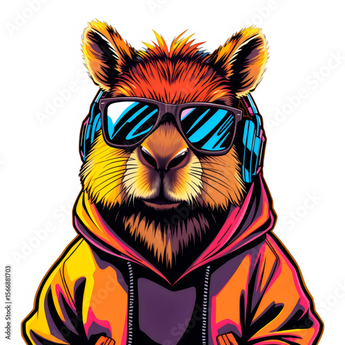 Capybara in streetwear with headphones.