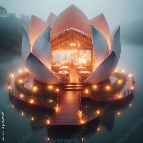 Floating Lotus Flower Restaurant with Warm Lights on Misty Lake
