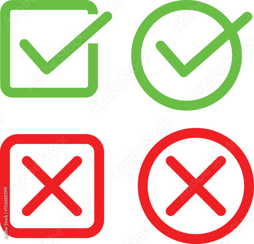 Check mark icon button set. Check box icon with right and wrong buttons and yes or no checkmark icons in green tick box and red cross. Vector icon Right and Wrong Icons 