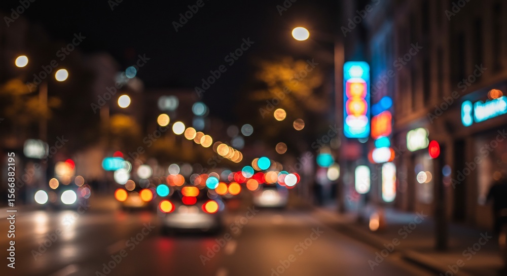 Fototapeta premium Night City Lights: Abstract Bokeh of Urban Street Scene, Blurred Traffic.