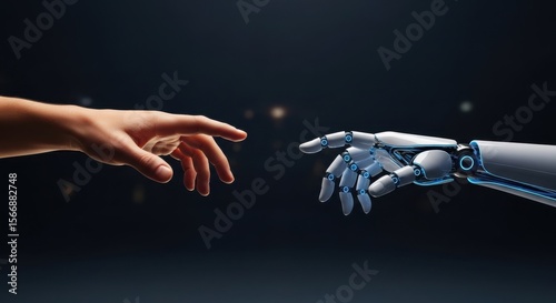 Human and robot hands reaching towards each other in a symbolic gesture