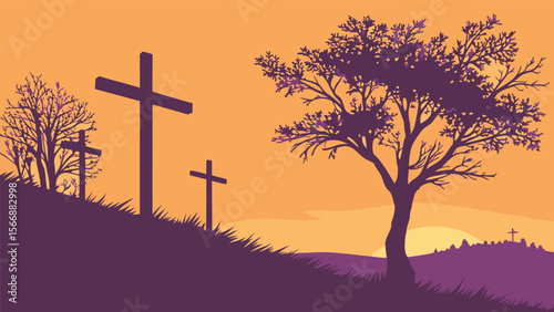 Silhouette of a cross on a hill at sunset, a symbol of faith and spiritual belief under a holy sky