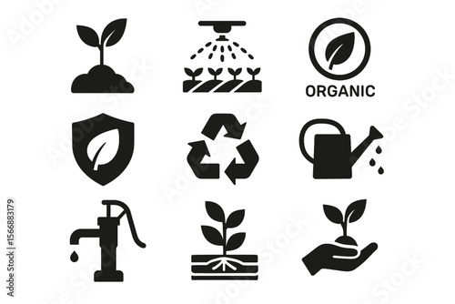 Sustainable Agriculture Icons Set – Eco-Friendly Farming and Gardening Symbols on White Background