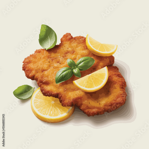 Crispy breaded chicken cutlet garnished with fresh basil and lemon slices