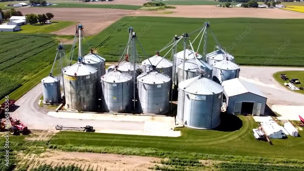 Drone Aerial Over Countryside Grain Silos