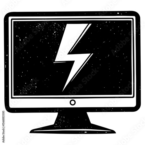 A black computer monitor displays a white lightning bolt, isolated on white background