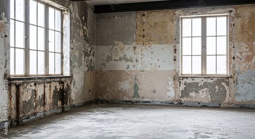 Photos Dilapidated room with peeling paint and two windows letting in bright light on a