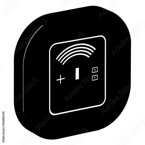 A black square sensor with wifi signal and plus minus buttons, isolated on white background