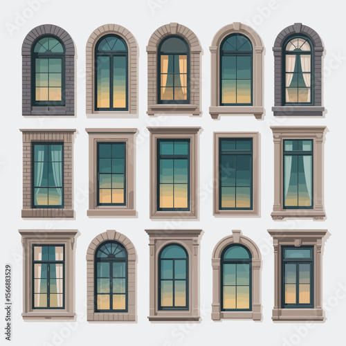 Collection of diverse architectural windows with arched and rectangular designs
