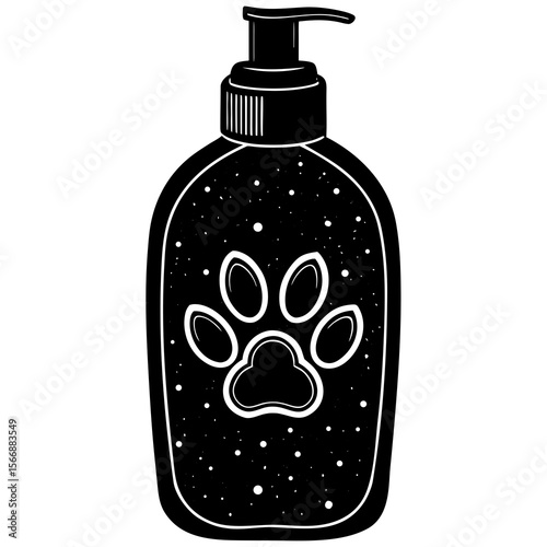 A black and white illustration of a pet shampoo bottle isolated on white background