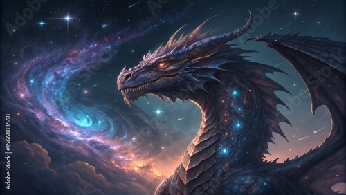 Mythical dragon soars through a celestial space fantasy, a cosmic wonder with nebulae and stars