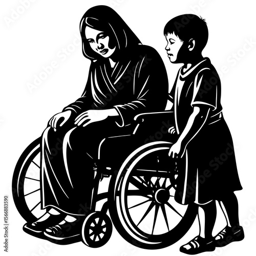 A woman in a wheelchair with a child beside her, isolated on white background