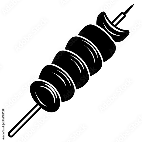 A deliciouslooking kebab on a skewer, isolated on white background