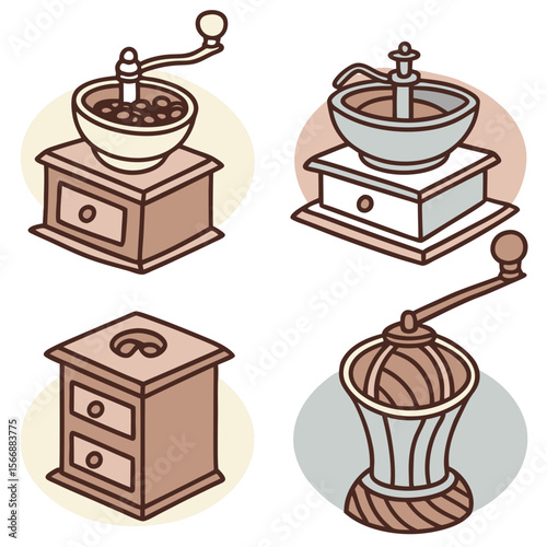 Set of 4 doodle icons for a coffee grinders. White background.