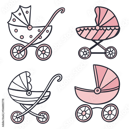 Set of 4 doodle icons for a baby strollers. White background.