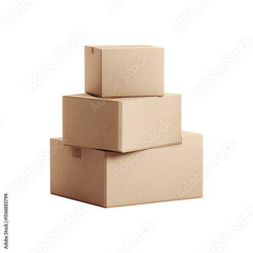 Three stacked cardboard shipping boxes in a pyramid formation isolated on transparent background