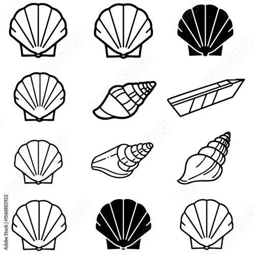 A beautiful and cohesive set of seashell icons, showcasing different artistic styles from simple outlines to detailed drawings