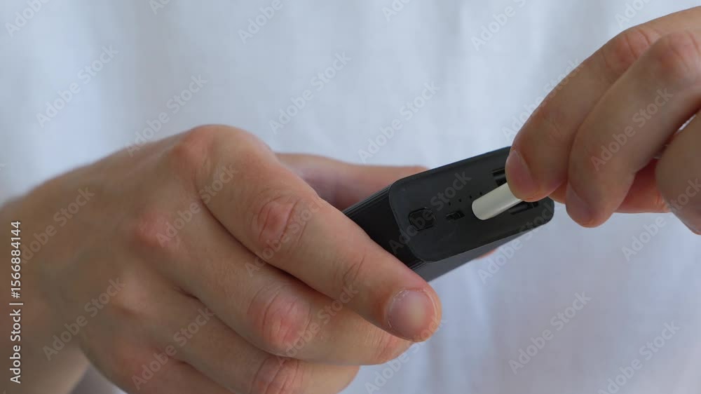 A person uses a charger and a cable to charge the battery on his phone.
A dead phone and a power bank in hands.
Portable phone charger.
Discharged phone in hands