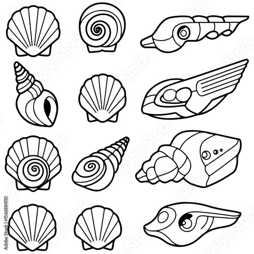 A stylish set of various seashell icons, ideal for creating graphics for coastal resorts, seaside cafes, and beachwear brands