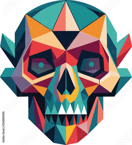 Geometric Skull: A vibrant, low-poly skull design in a bold color palette. This eye-catching artwork features sharp angles and intricate details, creating a striking visual impact.