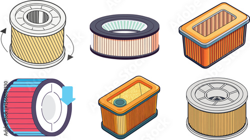 3D Vector Car Air Filters – Round and Rectangular Shapes with Pleated Elements. 