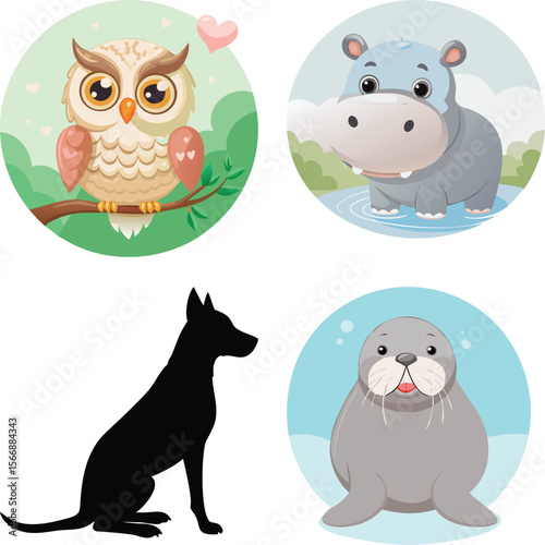 Art of cartoon owl, hippo, dog, and walrus are isolated on white background