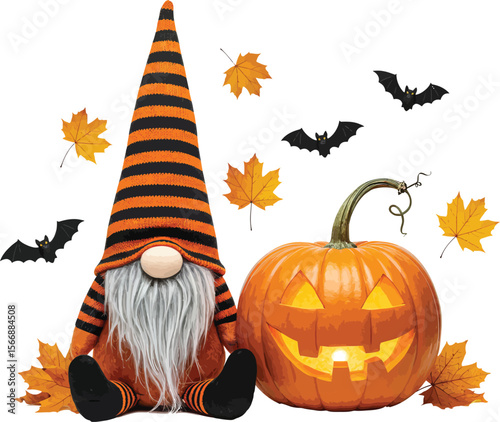 Halloween Gnome and Pumpkin: A whimsical Halloween scene, featuring a charming gnome and carved pumpkin, complemented by fluttering bats and autumn leaves, creating a playful seasonal ambience.